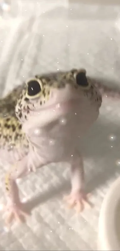 Cute leopard gecko on a light background with sparkles.