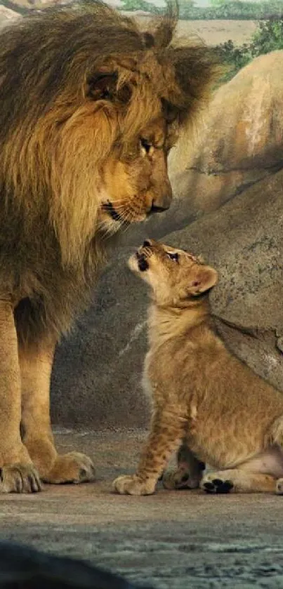 A touching moment between a lion and its cub in a natural setting.