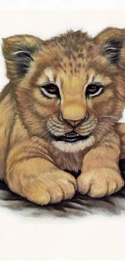 Hand-drawn lion cub art on mobile wallpaper.