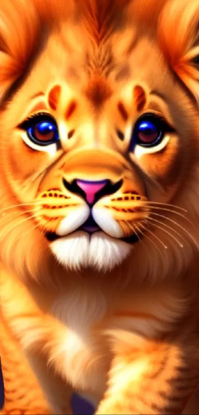 Cute and vibrant illustration of a lion cub for phone wallpaper.