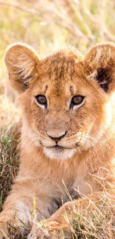 Lion cub lying in sunlit grass, looking forward.