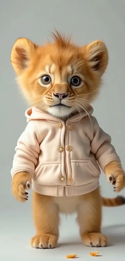 Adorable lion cub wearing a cute hoodie.