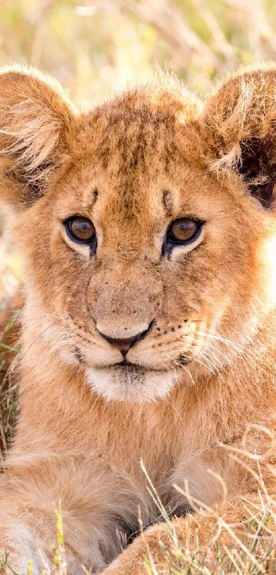 Close-up of a cute lion cub resting in the grass.