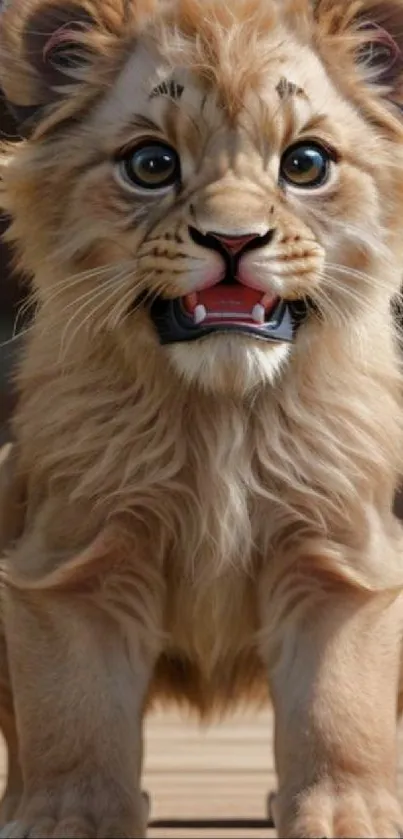 Adorable lion cub with fluffy mane and playful expression.