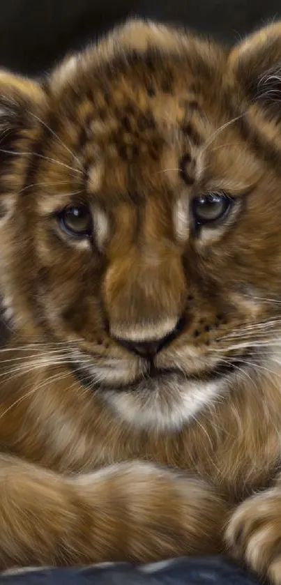 A beautifully detailed portrait of a lion cub with expressive eyes and a furry texture.