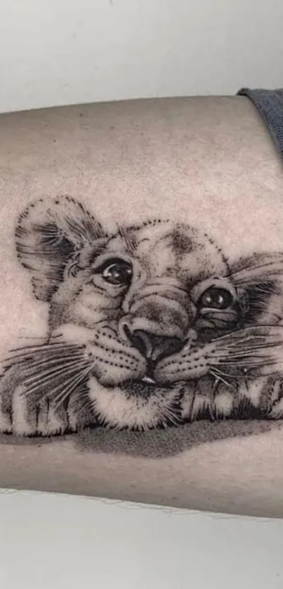 Adorable lion cub tattoo in black and white on arm.