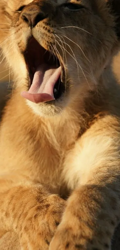 Yawning lion cub in natural setting wallpaper.