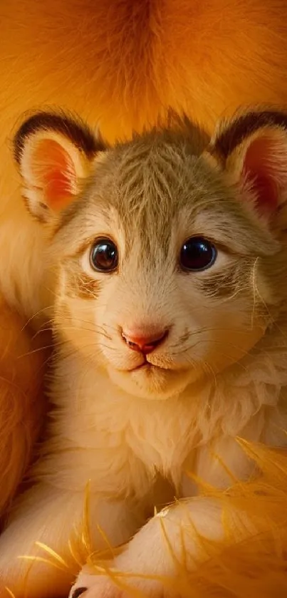 Fluffy lion cub with bright eyes in golden fur backdrop.