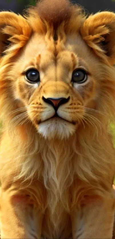 A cute lion cub sitting on grass, staring forward.