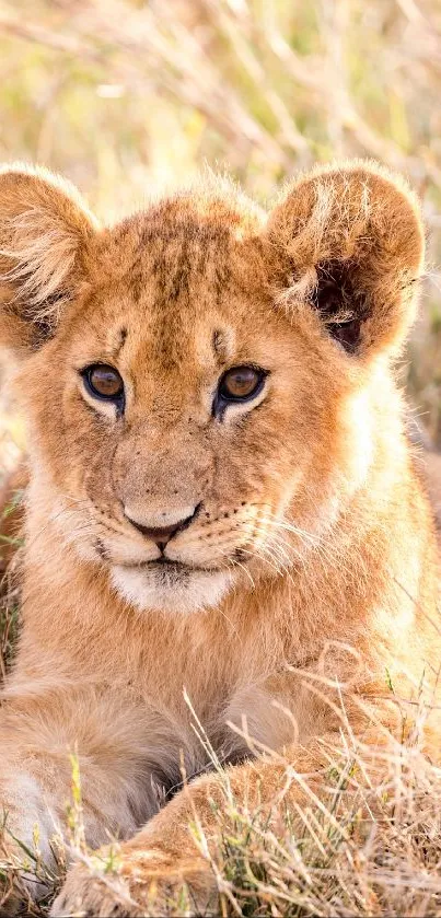 Lion cub resting in sunny savannah grass.