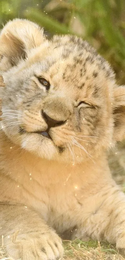 Adorable lion cub relaxing outdoors in natural setting.