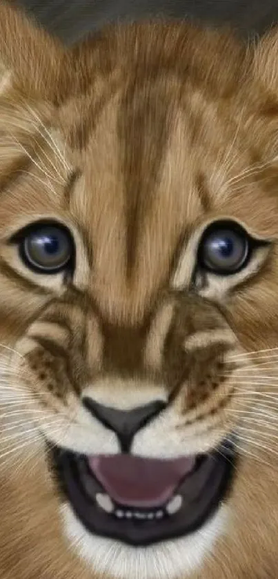 Adorable lion cub with a cute expression on a digital wallpaper background.