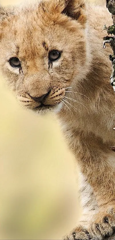 Adorable lion cub perched on a tree branch in the wild.