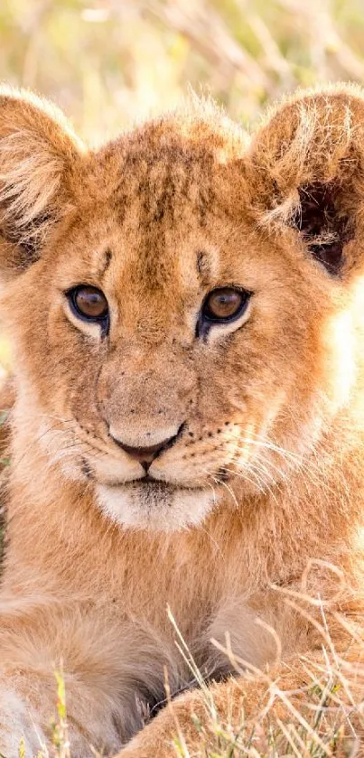 Cute lion cub resting in tall grass, looking curious.