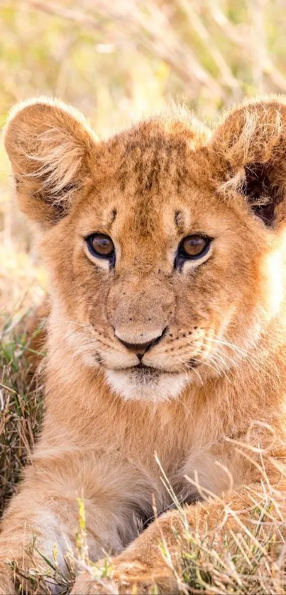 Adorable lion cub lying in the grass, perfect for mobile wallpaper.