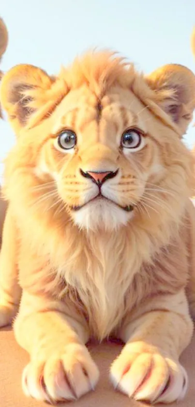 Adorable lion cub on sandy background.