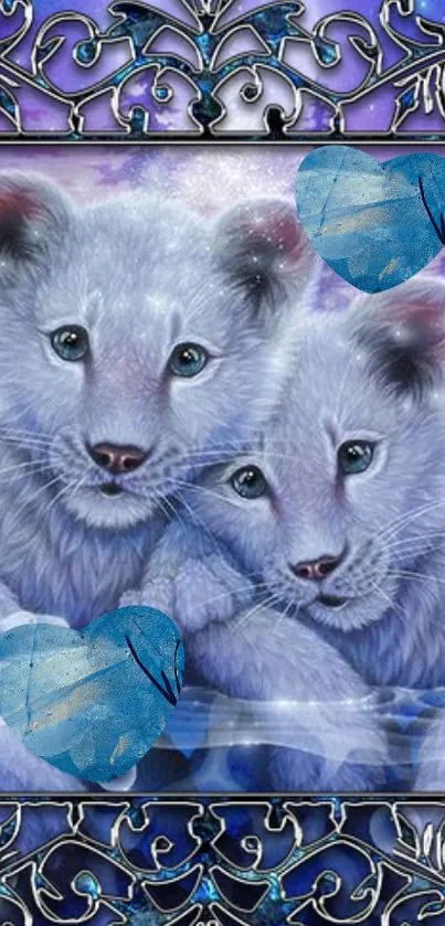 Adorable white lion cubs with blue hearts in a mystical frame.