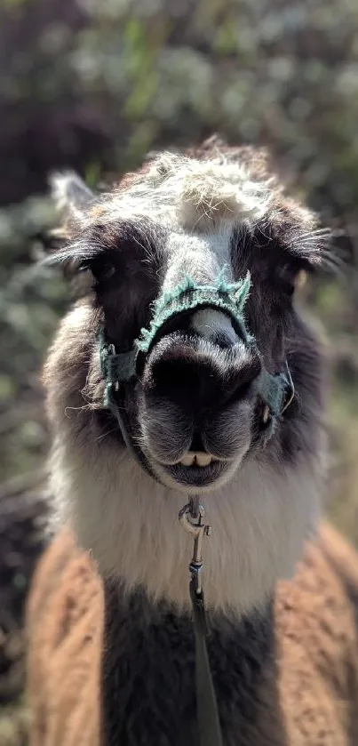 Adorable fluffy llama with colorful harness in natural setting.