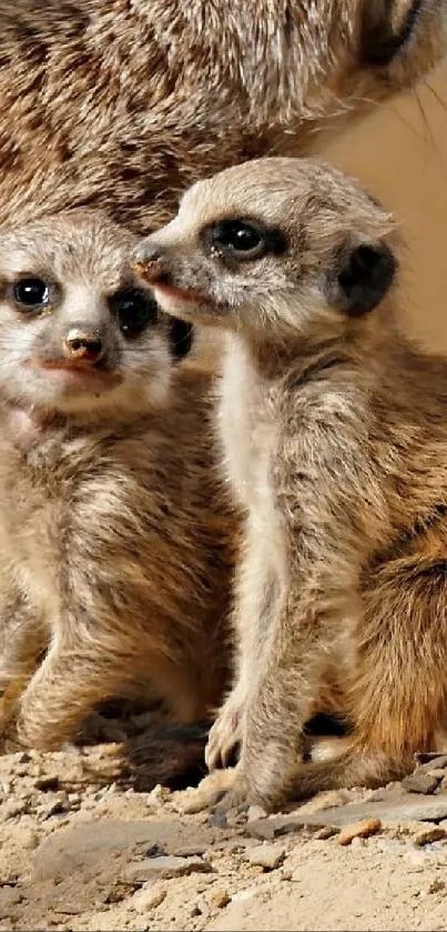 Adorable meerkat family in natural desert habitat with curious expressions.