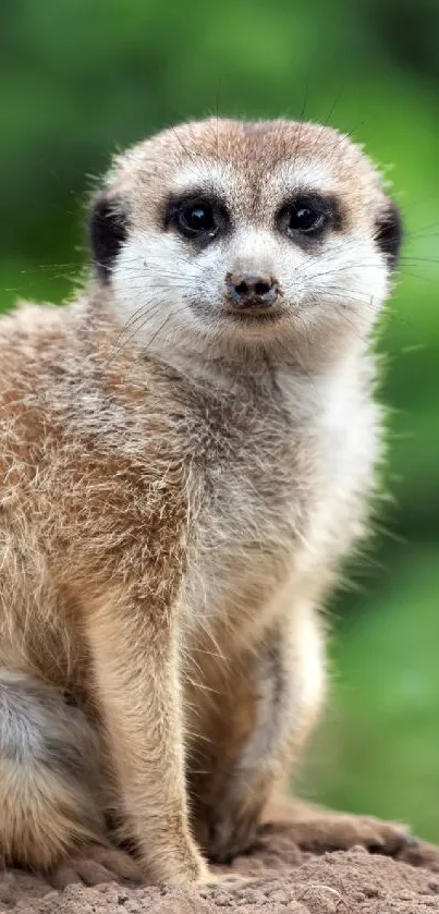 Adorable meerkat sitting on a rock with green foliage background.