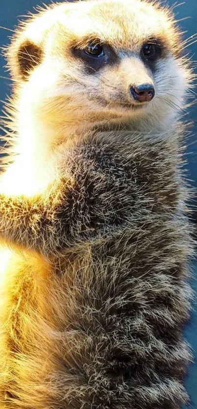 Sunlit meerkat with golden fur background.