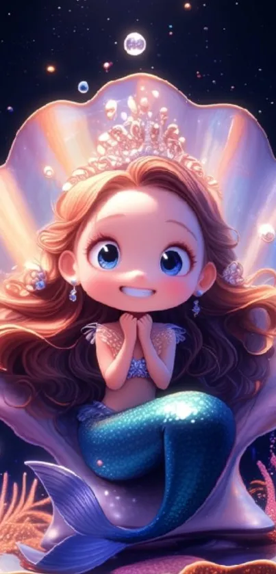 Cute cartoon mermaid sitting on a seashell throne.