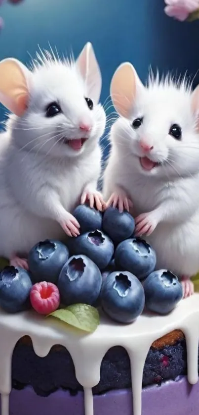 Two cute mice on a blueberry cake.