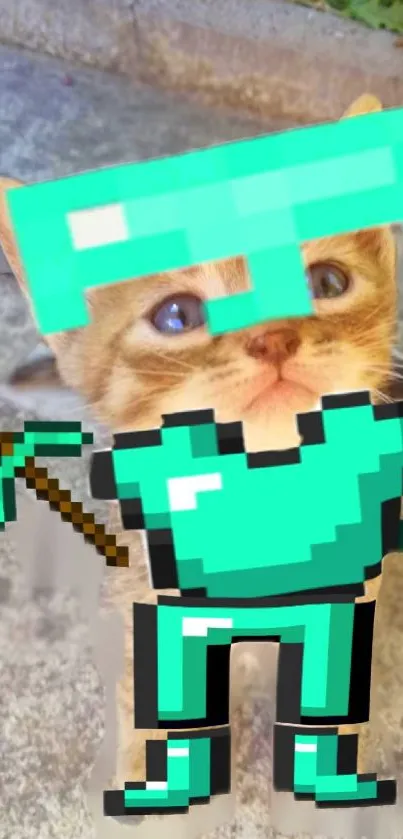 Cute kitten in Minecraft armor wallpaper.