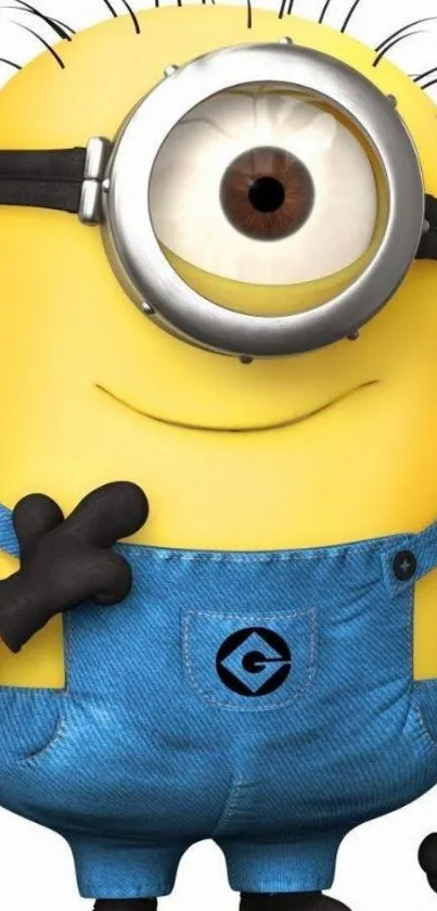 Adorable Minion in blue overalls with a cheerful expression on a mobile wallpaper.