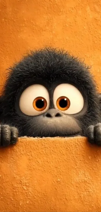 Cartoon monkey with large eyes peeking over a ledge on an orange background.