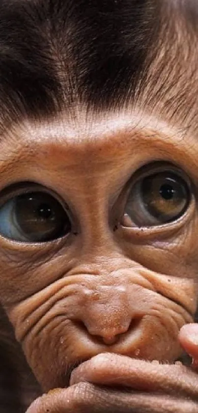 Close-up of a baby monkey with expressive eyes and dark background.