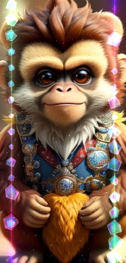 Fantasy monkey with intricate outfit holding fur on brown background.