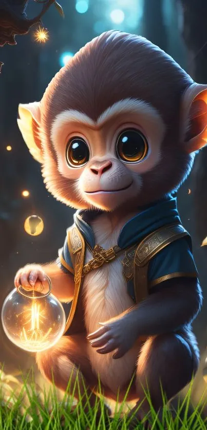 Cute fantasy monkey with glowing orb in a magical forest.