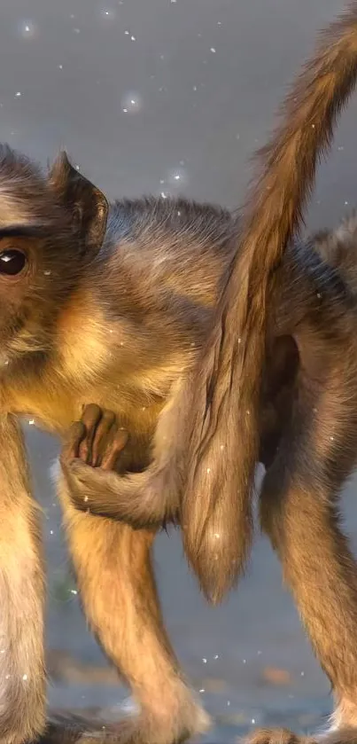 Young monkey with brown fur in natural setting