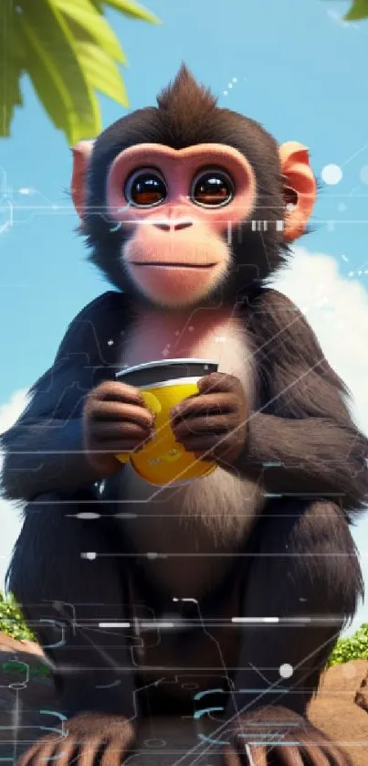 Adorable cartoon monkey in jungle holding a cup