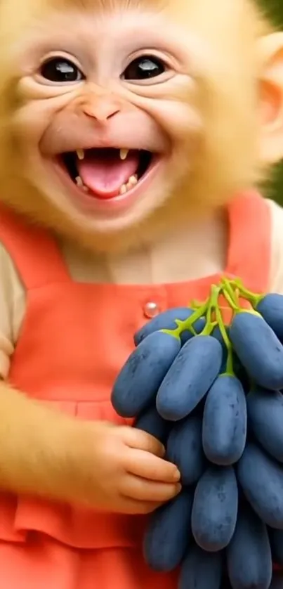 Cute monkey holding grapes, smiling.