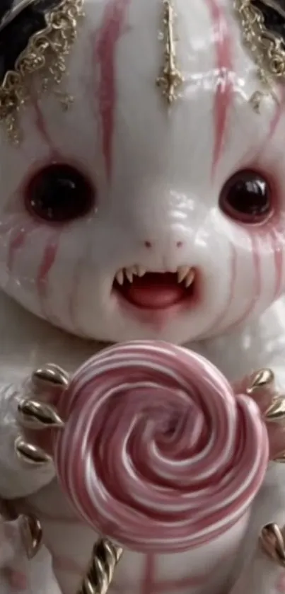 Cute white monster toy with pink lollipop.