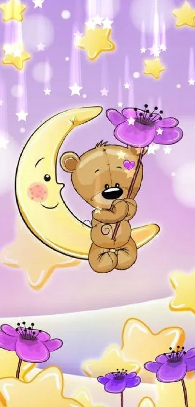 Adorable bear hugging a flower on a moon with stars.