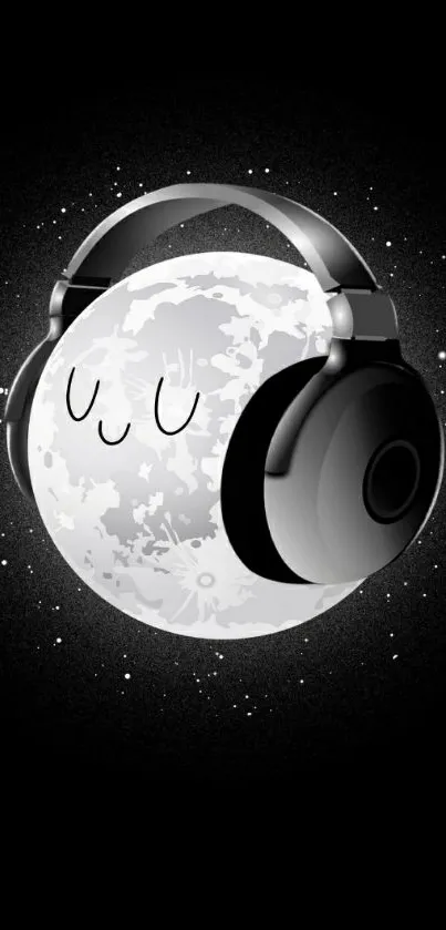 Cute moon with headphones on a dark wallpaper background.