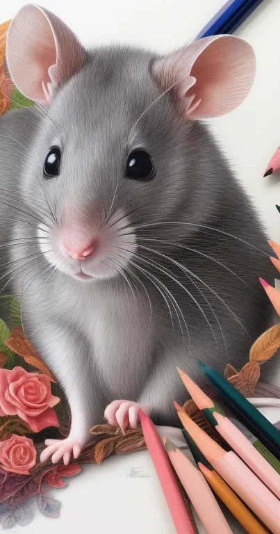 Cute grey mouse among colored pencils and floral designs.