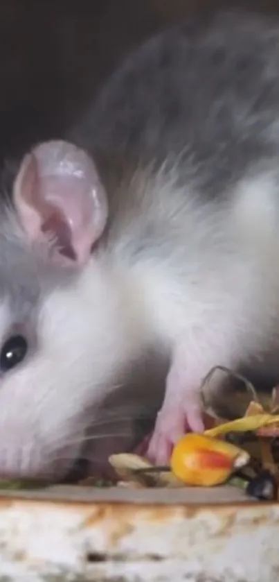 A cute grey and white mouse nibbling decor.