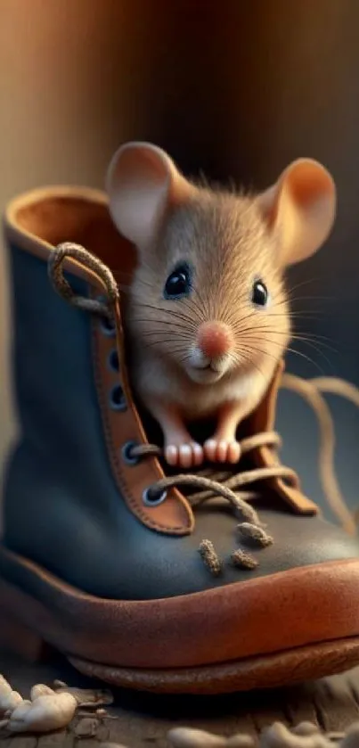 Adorable mouse peeking from a brown leather shoe.