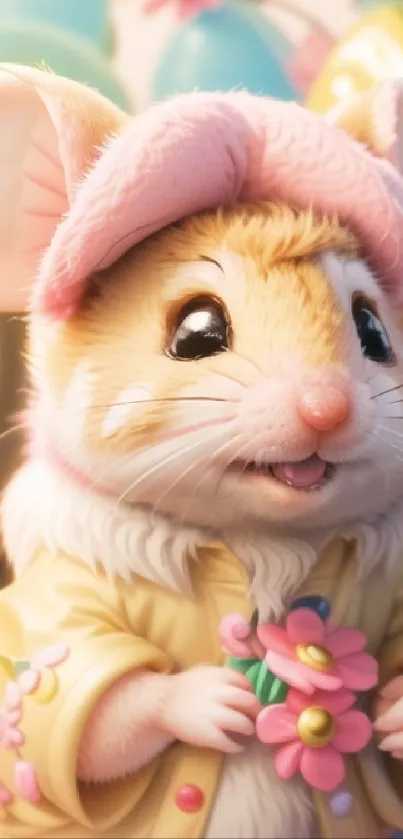 Adorable mouse wearing a pink hat and holding flowers.