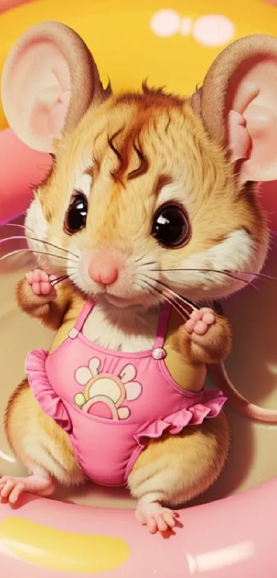 Adorable cartoon mouse in pink swimsuit enjoying a small pool.