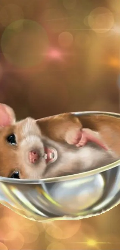 Adorable mouse resting on a shiny spoon with a bokeh background.