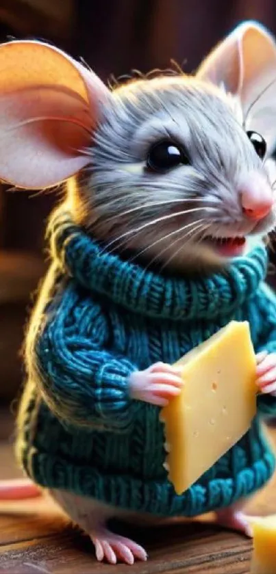 Adorable mouse in a teal sweater holding cheese.