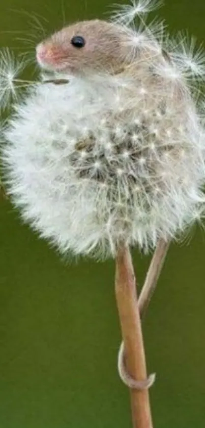 Cute mouse sitting on a dandelion against a green background.