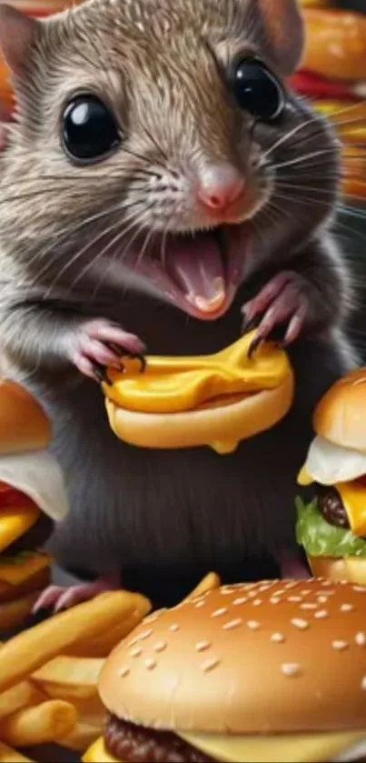Cute cartoon mouse holding a cheeseburger.