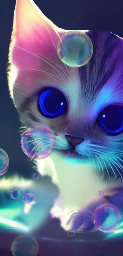 Neon kitten with glowing eyes and colorful bubbles in a dark background.