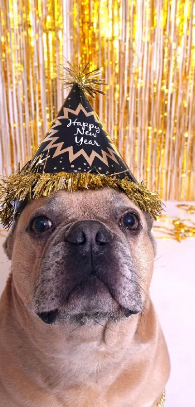 Bulldog in a New Year party hat with gold background.